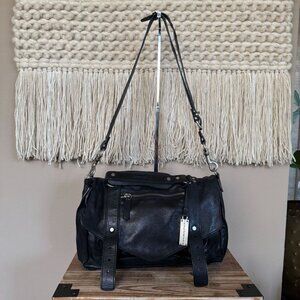 RABEANCO Black 100% Leather Silver Hardware Top Handle Crossbody Satchel Bag